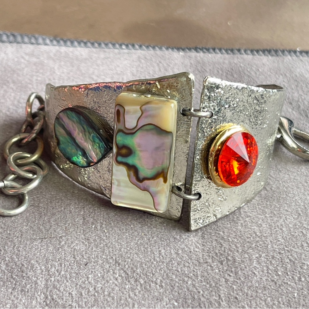 VTG Brutalist Signed J. Jansen Mixed Metals Crystal Abalone Bracelet